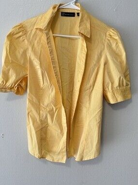 New York & Company Yellow Collared Button Puff Short Sleeve Cotton Blouse M